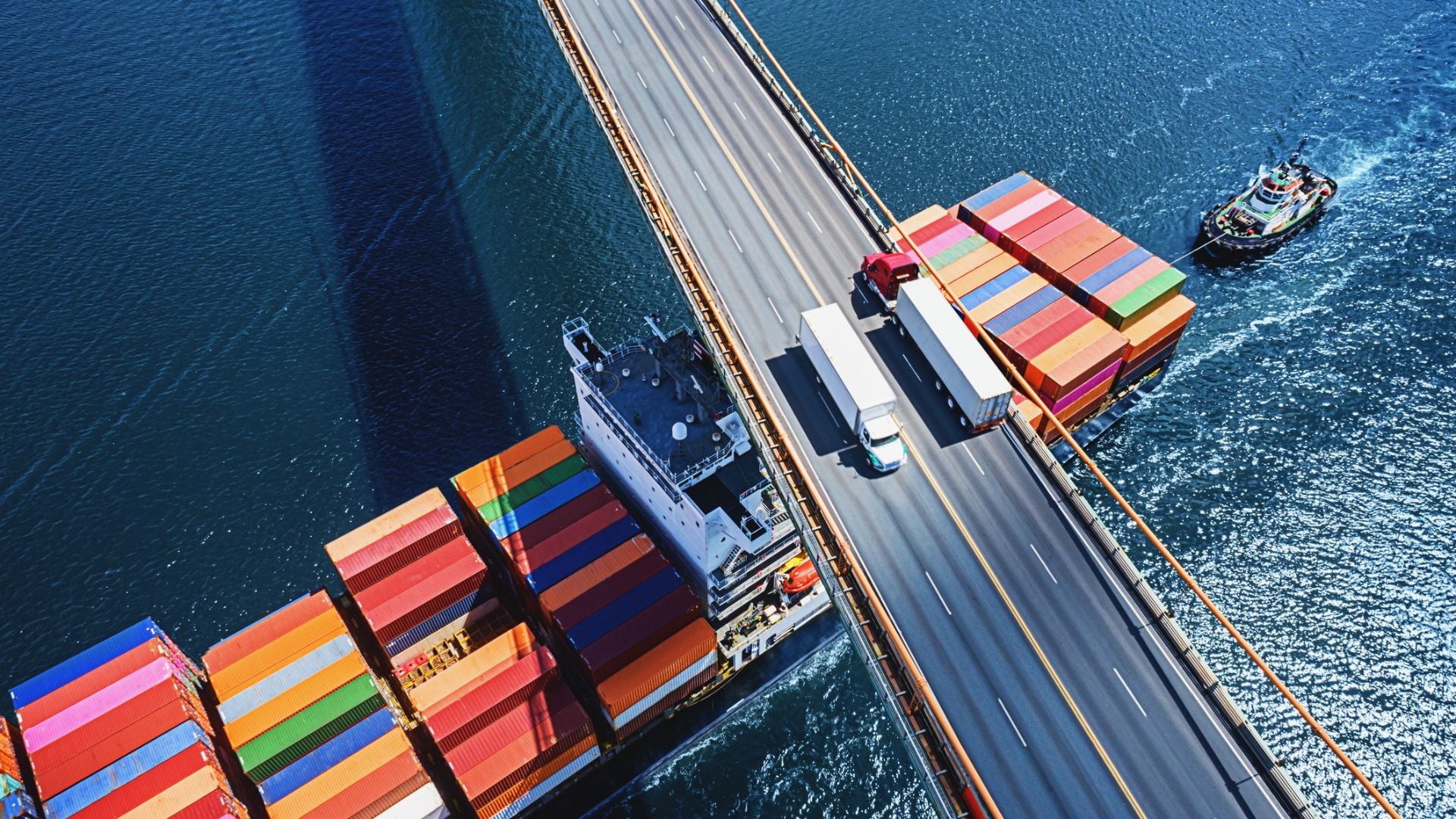 Aerial drone view of a container ship
